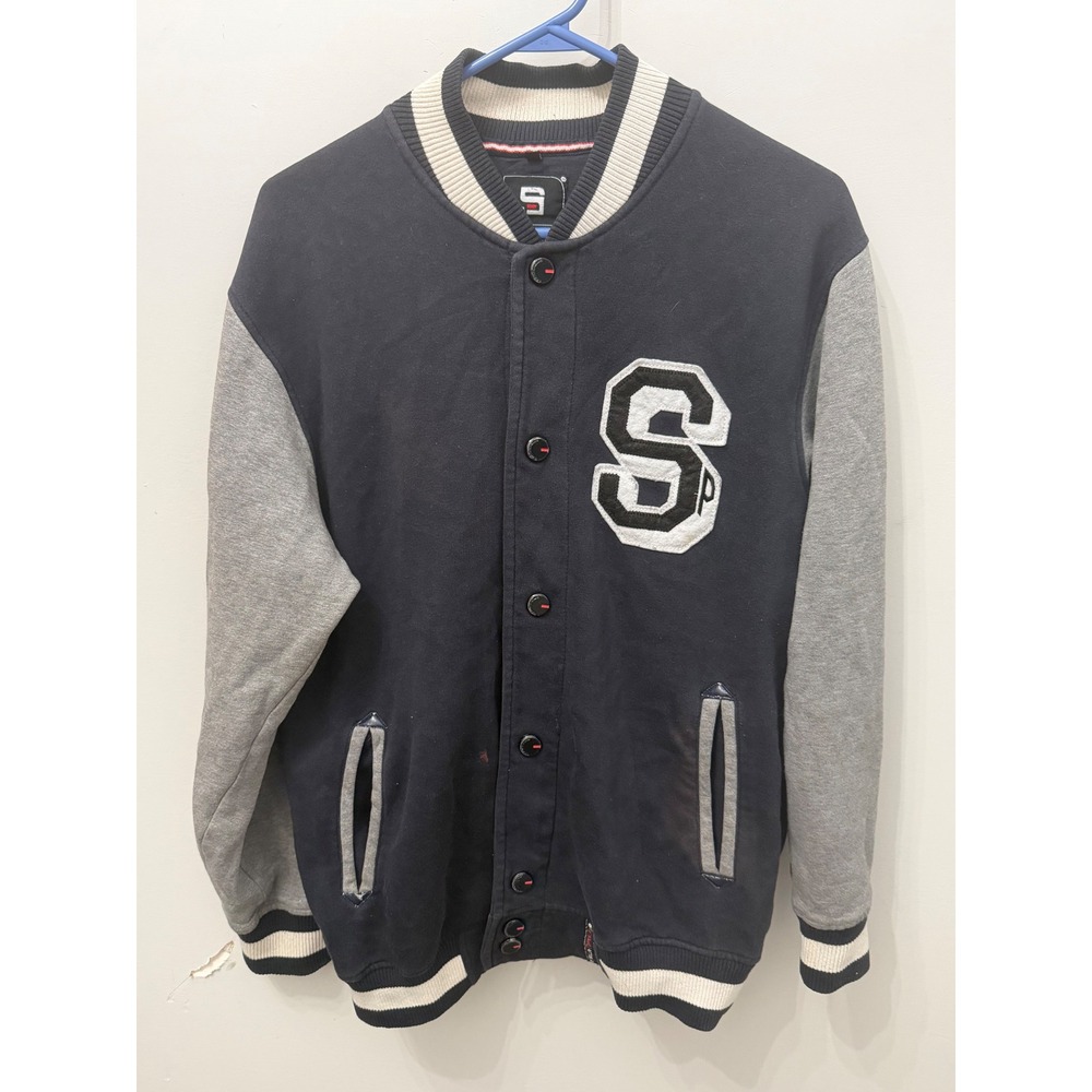 Southpole Men's Varsity Jacket Snap Front Black Gray Bomber S Patch Size Medium